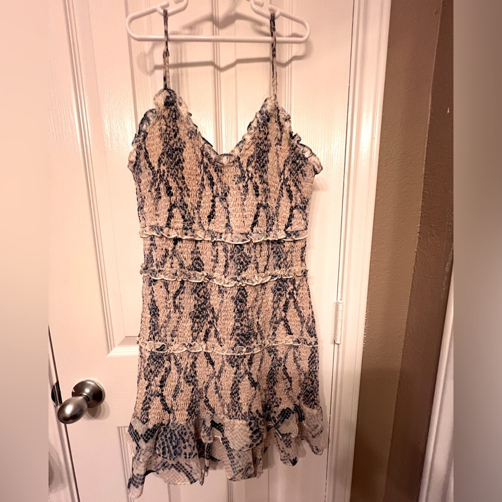 Karlie Rhea Snake Print Smocked Ruffle Mini Dress, size medium